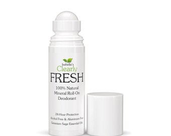 May include: White roll-on deodorant bottle with a green leaf logo and the text "Isabella's Clearly FRESH 100% Natural Mineral Roll-On Deodorant 24-Hour Protection Alcohol Free & Aluminum Free Geranium Sage Essential Oils"