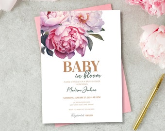 Editable Baby in bloom baby shower invite,Pink in bloom peony design,Girl floral baby shower invite,Rustic floral baby shower invite,B235