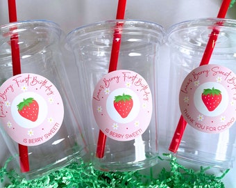 Strawberry party cups with heart straw,Berry sweet birthday decor,Berry First Birthday,Drinking cup disposable 16oz waterproof decal,SB003