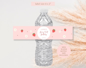 Erdbeere zum ersten Geburtstag Wasserflasche: Bearbeitbare Vorlage (Digitaler Download)