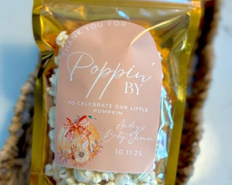 Fall Pumpkin Baby Shower Popcorn Favor Bag • 5x8” Gold Stand-Up Bag with Clear Front • Custom Sticker • Autumn Baby Shower Favors