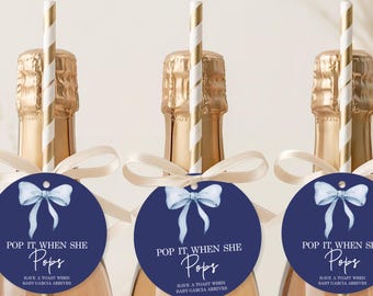 Dusty Blue Bow Baby Shower Favor Tags: Personalized Champagne Bottle Tags