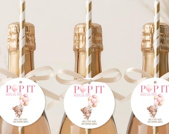Teddy Bear Baby Shower Champagne Labels: pop it when she pops
