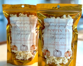 Fall Pumpkin Baby Shower Popcorn Favor Bag • 5x8” Gold Stand-Up Bag with Clear Front • Custom Sticker • Autumn Baby Shower Favors