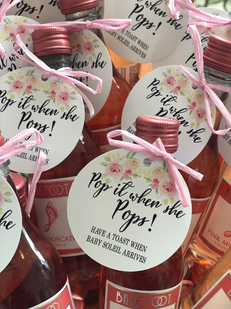 Champagne baby shower favor tags,Pop it when she Pops personalized favor tags ,custom pop the bubbly tags,Mini champagne favor tag Printed image 2