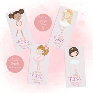 Etiquetas de scrunchie de bailarina IMPRIMIBLE, etiqueta de fiesta de San Valentín Tutu, soporte de Scrunchie, favores de San Valentín, favor de San Valentín de bailarina, PLANTILLA EDITABLE