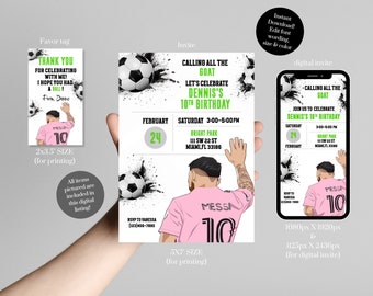 PRINTABLE soccer invitation and tag template,Soccer party party bundle,Messi soccer theme birthday party,The GOAT tag,EDITABLE template