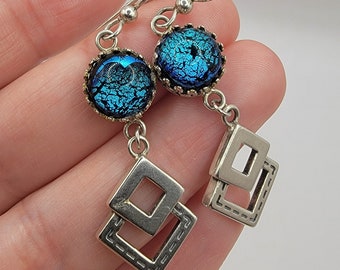 Sterling Silver Dichroic Glass Drop Earrings Square Geometric