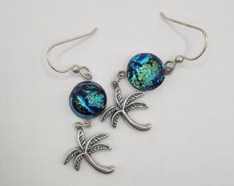 Sterling Silver Dichroic Glass Earrings Palm Tree