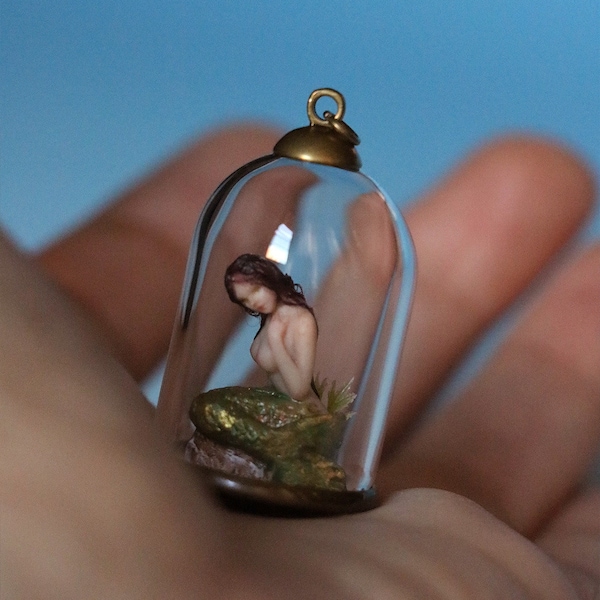 Miniature Green Mermaid (Bronze) Glass Bell Jar Dome 30mm Micro Pendant Charm Handmade Fantasy Art Doll Polymer Sculpture Unique Jewelry