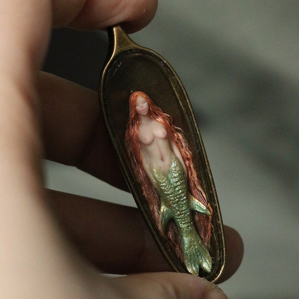 Miniature Mermaid Redhead Time Capsule in Bottle (Bronze) 60mm Glass Vial Pendant Green sculpture micro Handmade Art Doll Unique Jewelry