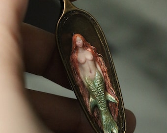 Miniature Mermaid Redhead Time Capsule in Bottle (Bronze) 60mm Glass Vial Pendant Green sculpture micro Handmade Art Doll Unique Jewelry