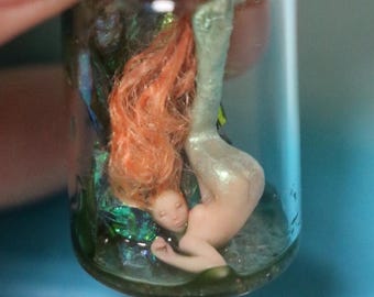 OOAK Wave Redhead Turquoise Mermaid in Bottle 8ml Miniature Glass Specimen Oddities Pendant Charm Fantasy Art Doll Handmade Sculpture