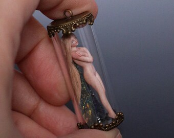 Micro Fairy in a Bottle (Bronze Gold) 40mm Glass Vial Tube Pendant Miniature Fantasy Art Doll Nude 1:12 Original Polymer Clay Sculpture