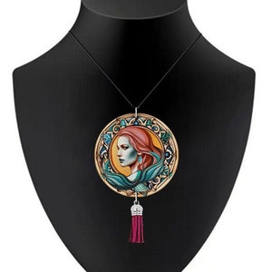 Blue Pink Sun Mermaid Round Wood Pendant 2.5 Leather Necklace Cord Art Print Illustration Unique Chunky Nautical Natural Boho Style BBD