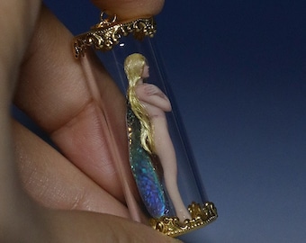 Miniature Gold Blue Peacock Fairy in Bottle (Gold) 40mm Glass Tube Pendant Charm sculpture Fantasy Art micro Handmade Doll Unique Jewelry