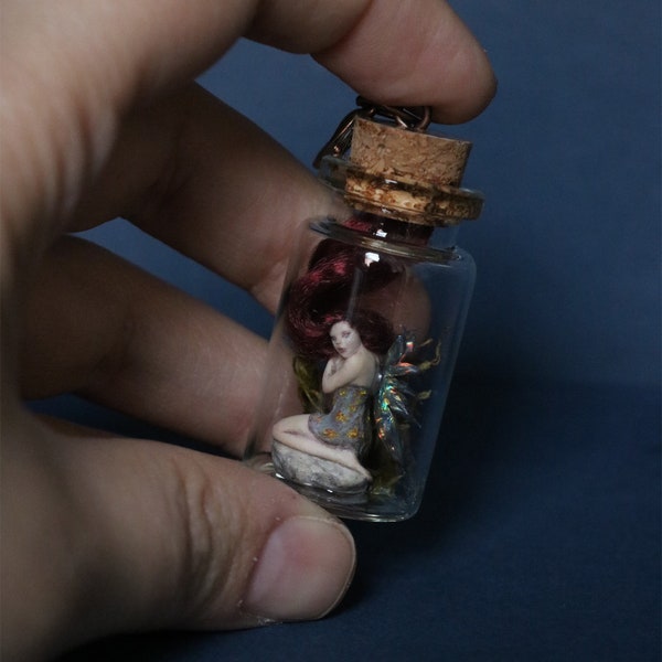 OOAK Redhead Green Forest Fairy in Bottle 8ml Miniature Glass Pendant Charm Fantasy Art Doll Handmade Sculpture Unique Jewelry