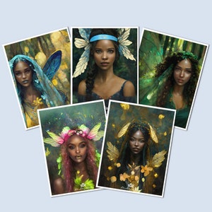 AA Forest Fairy ansichtkaart set 5 verzamelkaarten mooie zwarte vrouwelijke fantasiekunst digitaal schilderij print door BBD