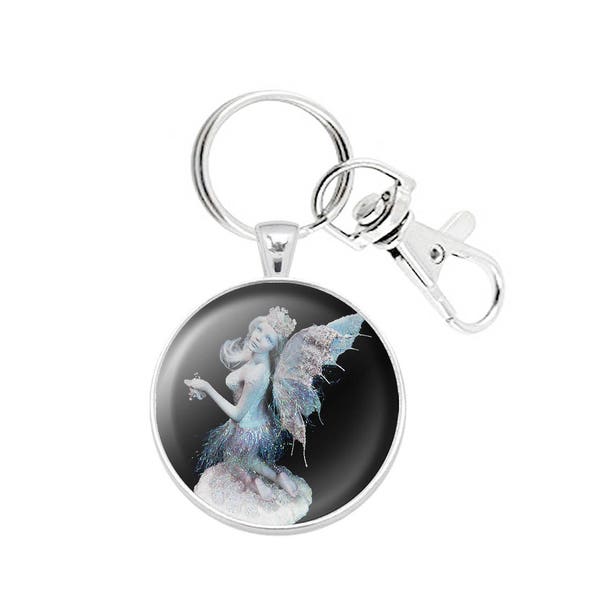 Pocket Fairy Keychain Pendant 3D Dome Cabochon Paperweight Silver Plated Lobster Keyring OOAK Sculpture Miniature Art Print Collectible