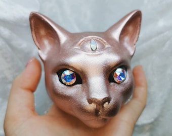 Cosmic Mystical Cat Decor, Crystal Sphynx Cat Figurine, Gothic Rose Gold Home Decor, Altar Witchy Decor for Bedroom, witchy gift
