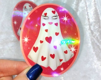 Holographic ghost sticker, Halloween sticker, waterproof vinyl sticker, heart print decal, cute holo ghost