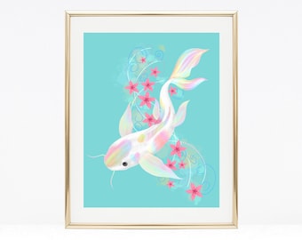 Koi fish art, art print, rainbow print, wall decor, bedroom decor, Watercolour art print, A4 print, cherry blossom art, home decor, tattoo