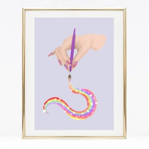May include: A hand with purple nail polish holds a paintbrush, creating a rainbow with glitter. The background is a light purple.