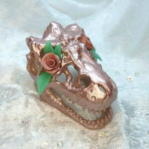 Rose gold dinosaur t-rex skull office decor, skull decor, Rose Gold business card holder, polymer clay roses