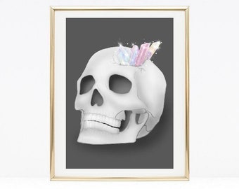 Grey skull and crystal cluster art prints, Witchy home decor, A4 wall art, rainbow aurora crystal quarts, skull tattoo print