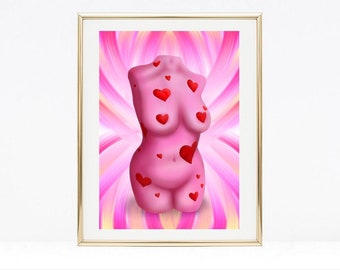 Body positive home decor, heart print, goddess poster, colourful and funky wall art, unique home decor