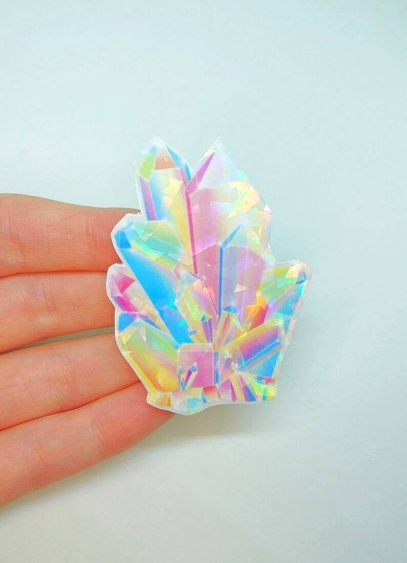 Holographic rainbow aurora quartz crystal Glossy vinyl stickers, crystal cluster art, laptop decal, mirror stickers image 1