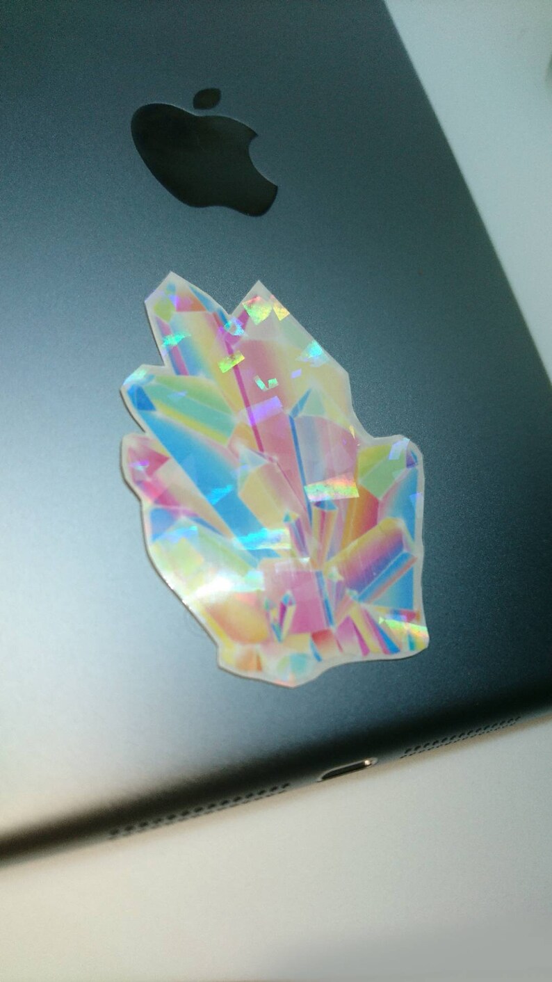 Holographic rainbow aurora quartz crystal Glossy vinyl stickers, crystal cluster art, laptop decal, mirror stickers image 5