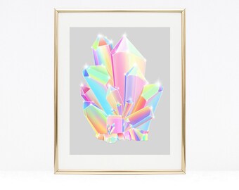 Crystal cluster, home decor, bedroom decor, rainbow aurora, crystal quarts, gemstone illustration, crystal art, Art print, crystal point