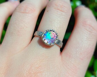 Aurora opal handmade 925 sterling silver ring size 8, filigree ring band, unique crown ring, crystal jewellery, one of a kind gemstone ring