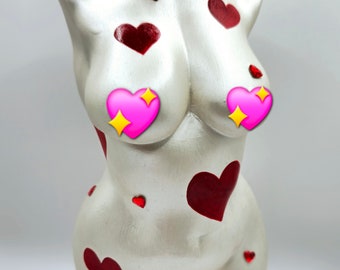 Limited Edition heart print crystal plus size body statue, womens torso, body positivite goddess, pearl white home decor