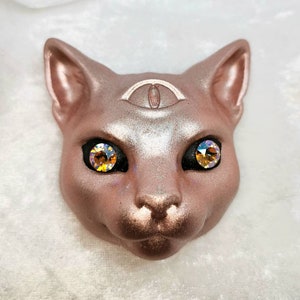 Cosmic mystic resin cat mirror, crystal sphynx pocket makeup mirror, Witchy accessory, resin art, witchy gift, gothic accessories Topaz