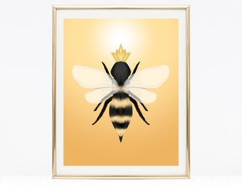 Bumble Bee A4 art print, save the bees nature art, home decor, mustard yellow queen bee art print, bedroom decor,
