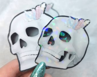 Holographic waterproof skull and crystal cluster stickers, glossy vinyl phone decal, arora quartz laptop keyboard witch sticker