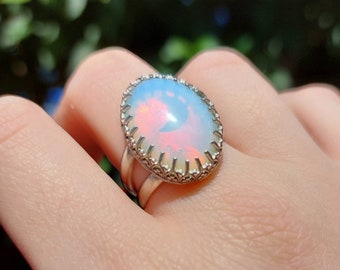 Handmade one of a kind 925 sterling silver statement opalite ring, US size 8, UK size P, chunky gothic silver ring