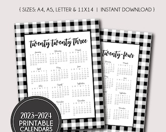 2023-2024 Yearly Calendar, Gingham Calendar, Black and White Calendar, A4, A5, Letter and 11x14 Calendar, Printable Planner