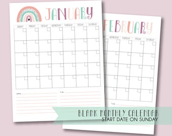 Blank Monthly Printable Calendar, Rainbow Printable Calendar, Boho Printable Calendar, 12 Month Printable Calendar