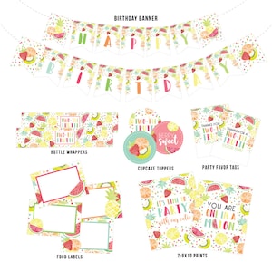 Two-tti Frutti Party Printables, Two-tti Frutti Food Labels, Party Signs, Cupcake Toppers, Birthday Banner, Favors, Wrappers
