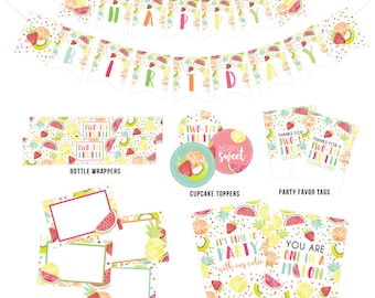 Two-tti Frutti Party Printables, Two-tti Frutti Food Labels, Party Signs, Cupcake Toppers, Birthday Banner, Favors, Wrappers