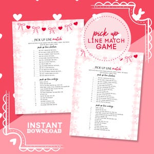 Könnte beinhalten: Zwei bedruckbare Blätter mit einem rosa-weißen Vichy-Muster. Die Blätter zeigen ein "Pick Up Line Match"-Spiel mit Startern und Endungen. Die Worte "Sofort-Download" stehen unten. Ein rosa Kreis mit den Worten "Pick Up Line Match Game" ist ebenfalls vorhanden.