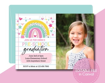 May include: A printable invitation for a preschool graduation party. The invitation features a rainbow with a pencil on each end, stars, and hearts. The text on the invitation reads "Join us for Emma's Pre-School Graduation" and includes the date, time, location, and RSVP information.