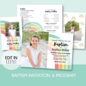 Puede incluir: Una invitación y un programa de bautismo con un tema de arcoíris. La invitación presenta una foto de una niña y el texto "Bienvenido al bautismo de Sophia Millen, sábado 27 de julio de 2024". El programa incluye una foto de la niña, el texto "El bautismo de Sophia Millen" y una lista de los detalles de la ceremonia.