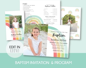 Baptism Program Invitation and Program, Rainbow Baptism Invitation and Program Invitation Template, LDS Baptism Program and Invitation