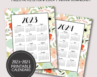 Floral 2023-2024 Yearly Calendar, Printable Calendar, Instant Download 2023-2024 Calendar, Year in a Glance, 2023 Calendar, 2024 Calendar