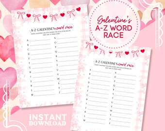 A-Z Galentine’s Word Race Game, Galentine’s Day Printable, Girls Night Party Game, Valentine’s Word Game
