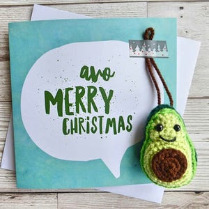 Avocado gehäkelte Weihnachtskarte - Veganer Avocado Schlüsselanhänger